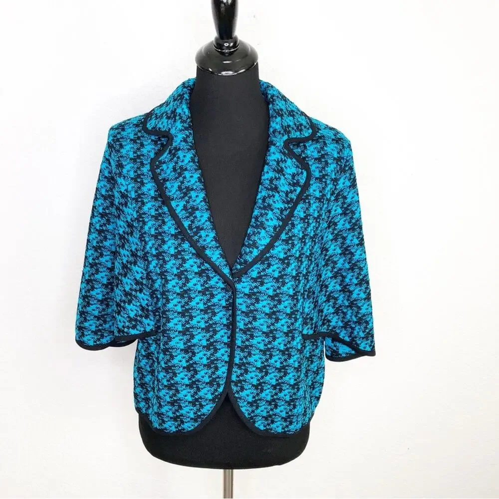 Ming Wang turquoise blue black cape sleeve knit jacket size Large